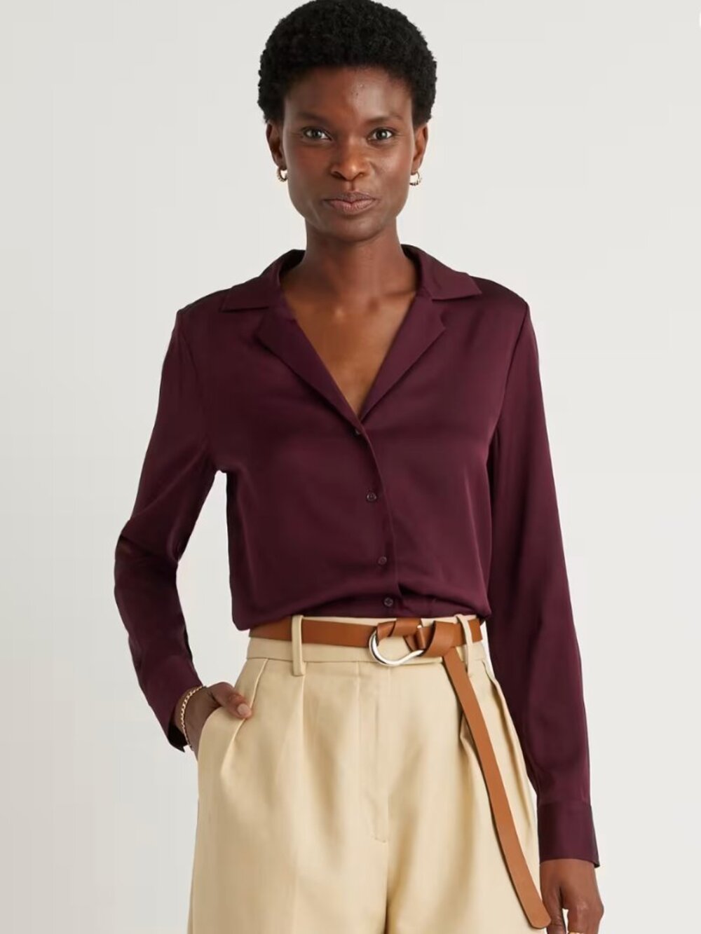NWT Quince Washable Stretch Silk Notch Collar Blouse Wine Tasting Red XL